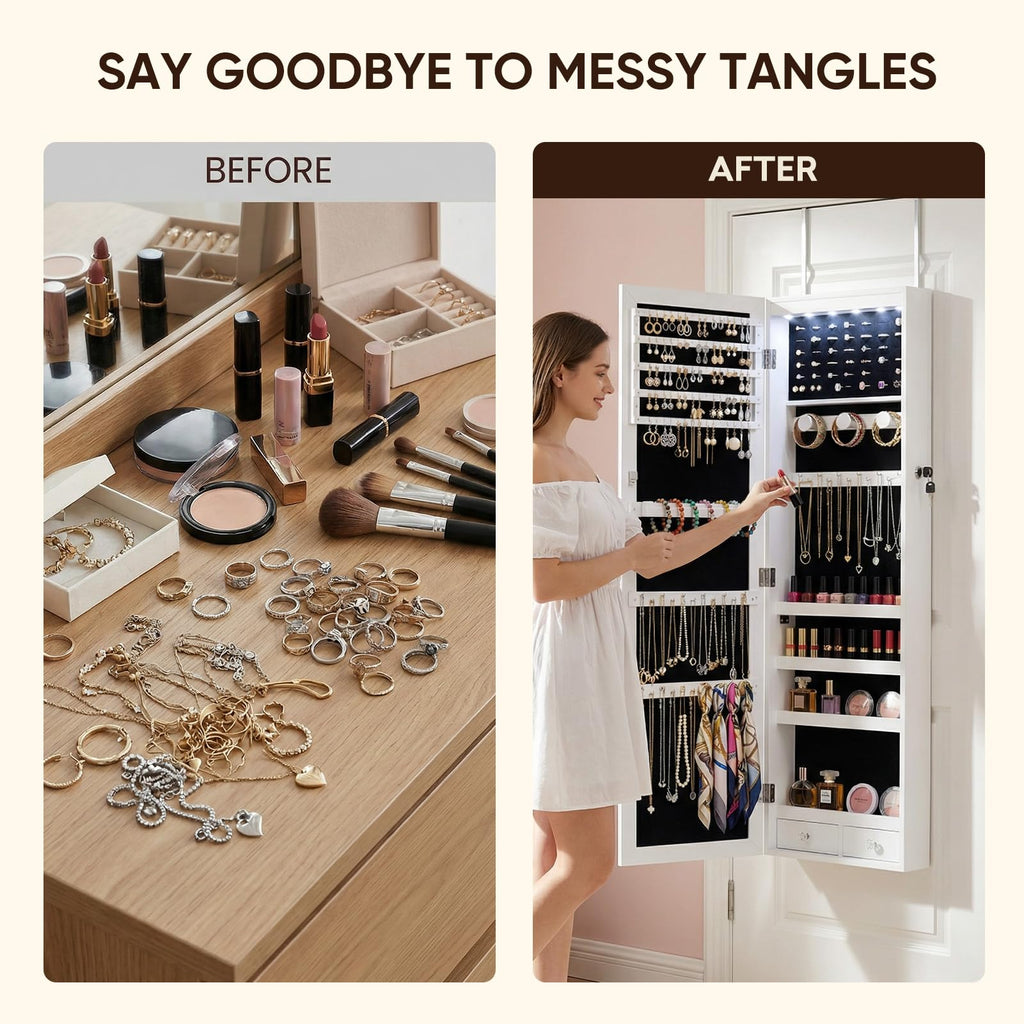 6 LEDs Jewelry Cabinet with Lock, 50" Full Length Mirror Wall Mounted or Over The Door Jewelry Organizer, Large