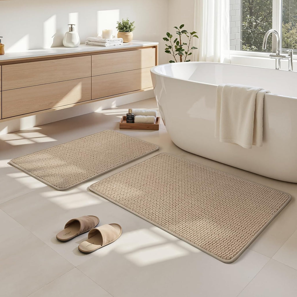 Bathroom Rugs Set 2 Piece Thin Non Slip, Beige 17"x24"+20"x32" | Rubber Backed, Absorbent Quick Dry Bath Rugs, Low