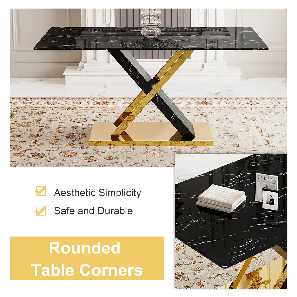 Marble Dining Table Set for 6, 63 in Black Rectangular Table with Gold X-Shaped Frame and 6 Grey Leather Dining