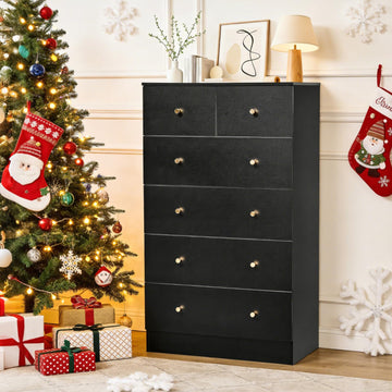 Black 6 Drawer Dresser, Rose Gold Handle Modern Bedroom Chest