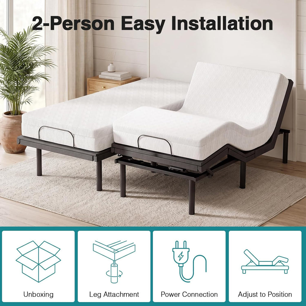 Split King Adjustable Bed Frame, Electric Base, Head & Foot Incline - Set of 2