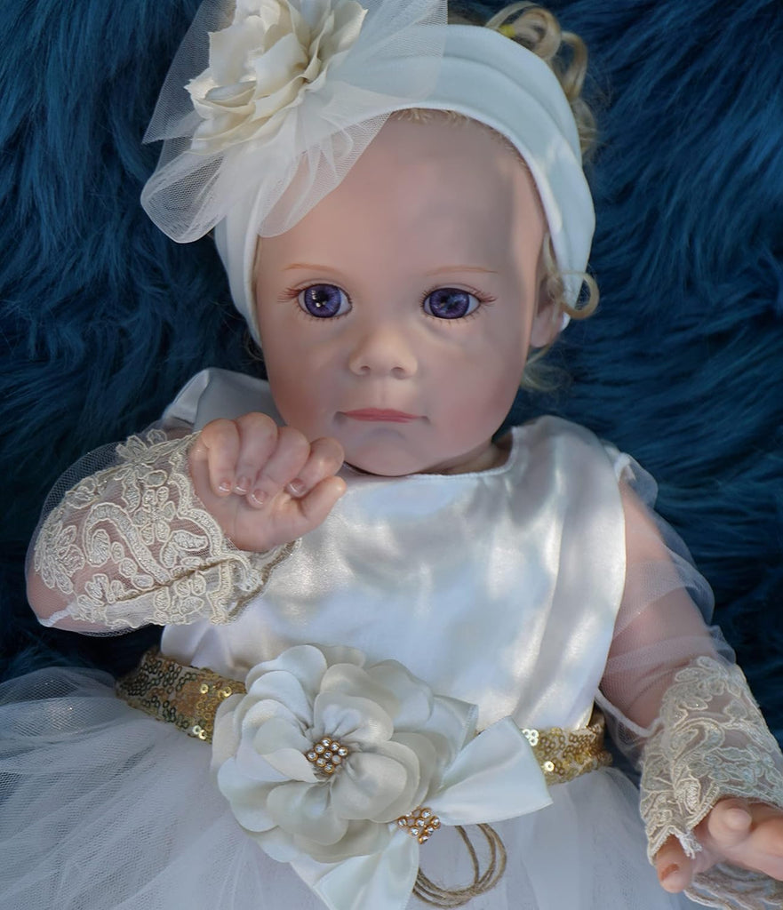 Newborn Baby Girl Lace Dress Set, 4 Pieces Outfit for Special Occasions (US, Age, 0 Months, White, Gold Belt)