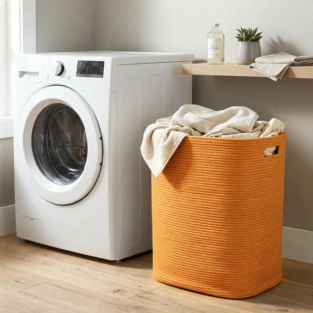 Orange Laundry Hamper 16"x13"x22" - Tall Woven Laundry Basket, Large Cotton Rope Clothes Hamper, Bedroom Aesthetic