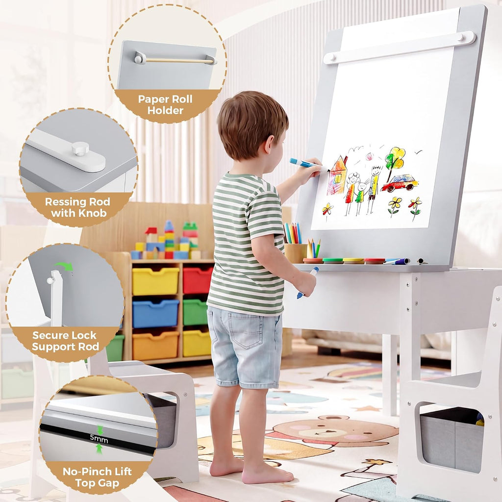 In-1 Kids Table and Chairs, Toddler Table and Chair Set with Drawers, Convertible Craft Play Desk with Art Easel &