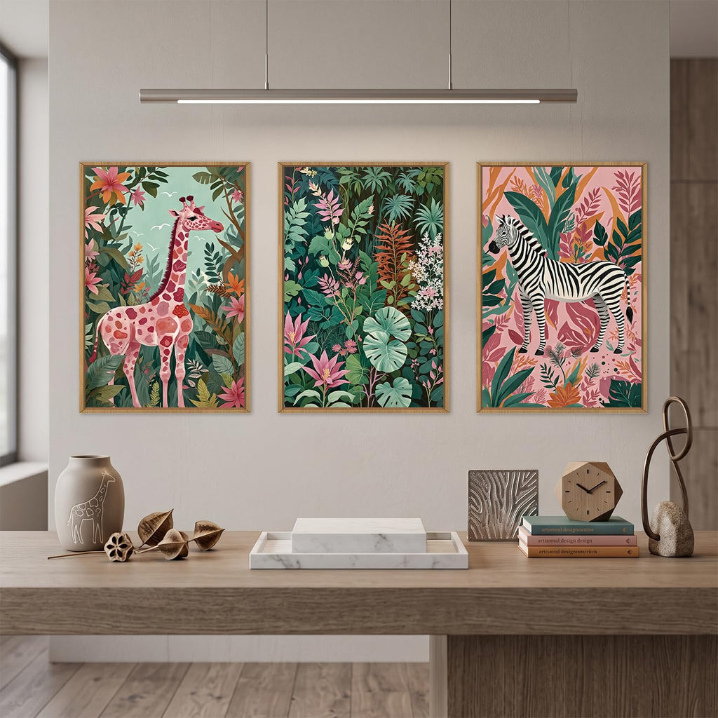 Boho Sage Green Pink Giraffe Zebra Jungle Framed Canvas Wall Art Set, Natural Safari Tropical Wildlife Wall Decor