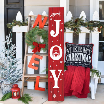 47 Inch Christmas Porch Sign, Large Vertical JOY Wooden Welcome Sign with Snowflakes, 3-Panel Farmhouse Front Door