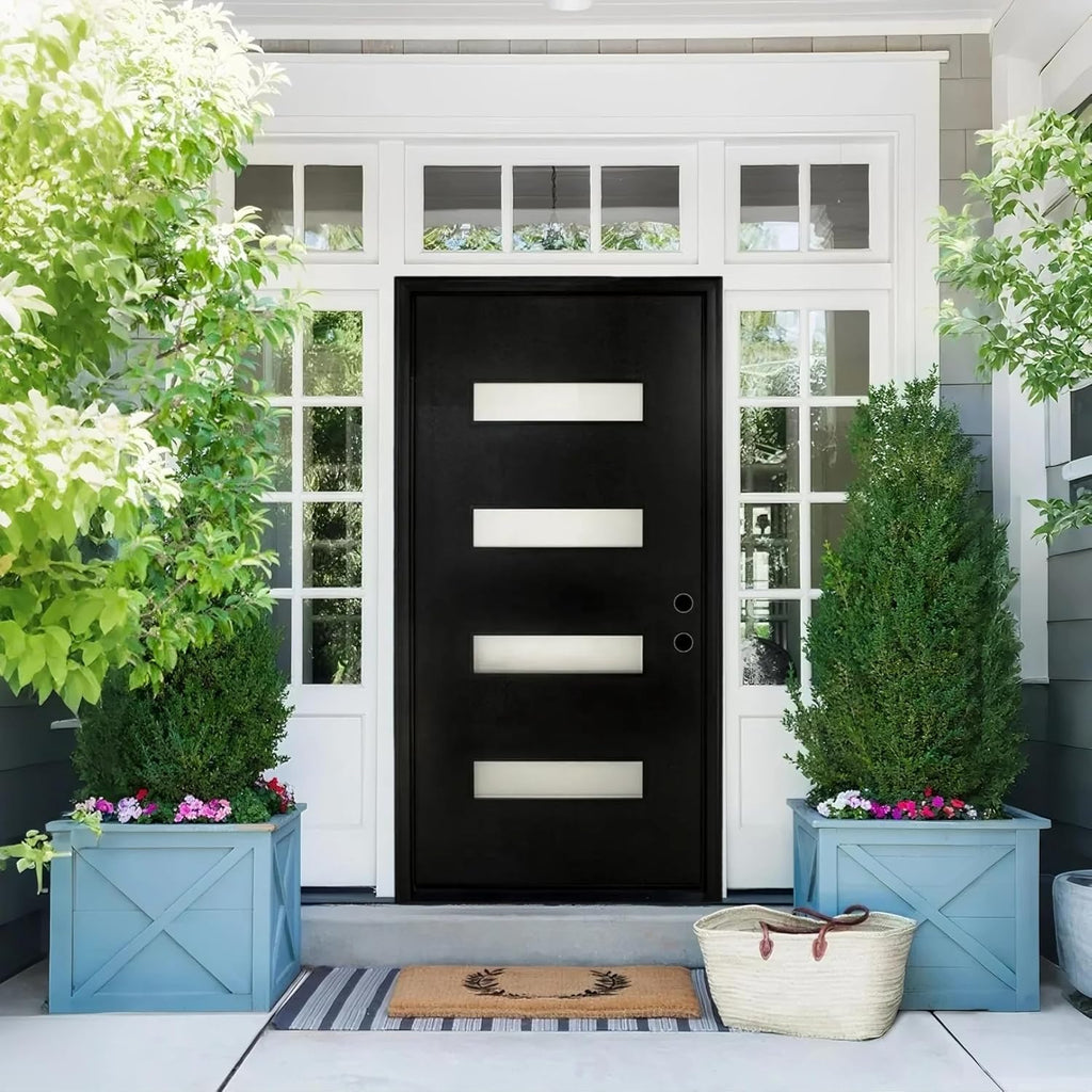 Fiberglass Entry Door Left Hand Inswing, 36 x 80, 4 Lite Frosted Glass 4-9/16 in. Vinyl Frame, Contemporary Style for