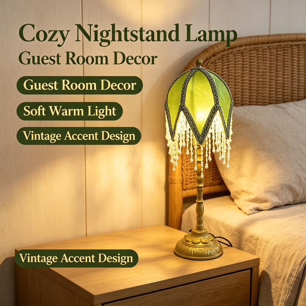 Vintage Tasselled Table Lamp with Beaded Shade, Green and Gold