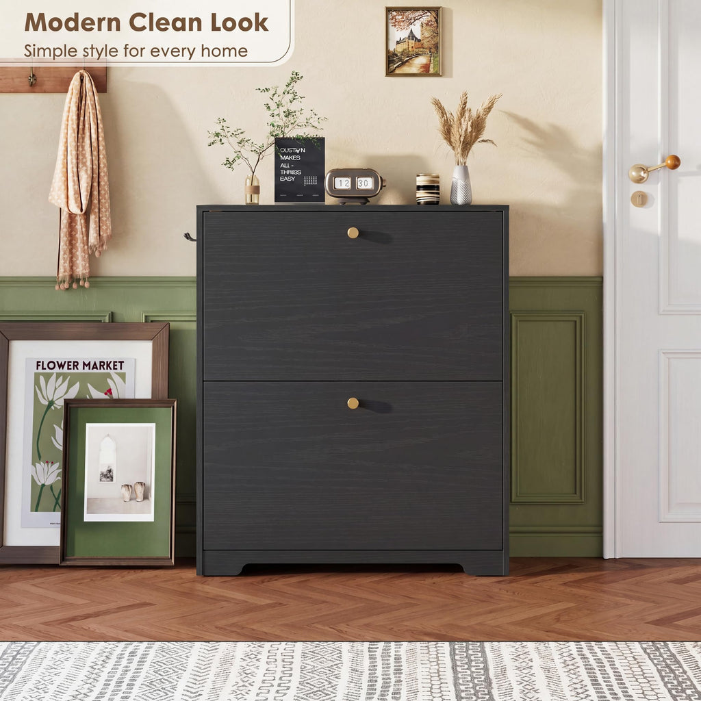 Shoe Cabinet with 2 Flip Drawers, Narrow Shoe Organizer Cabinet, Freestanding Shoe Rack Cabinet, Modern Shoe Storage