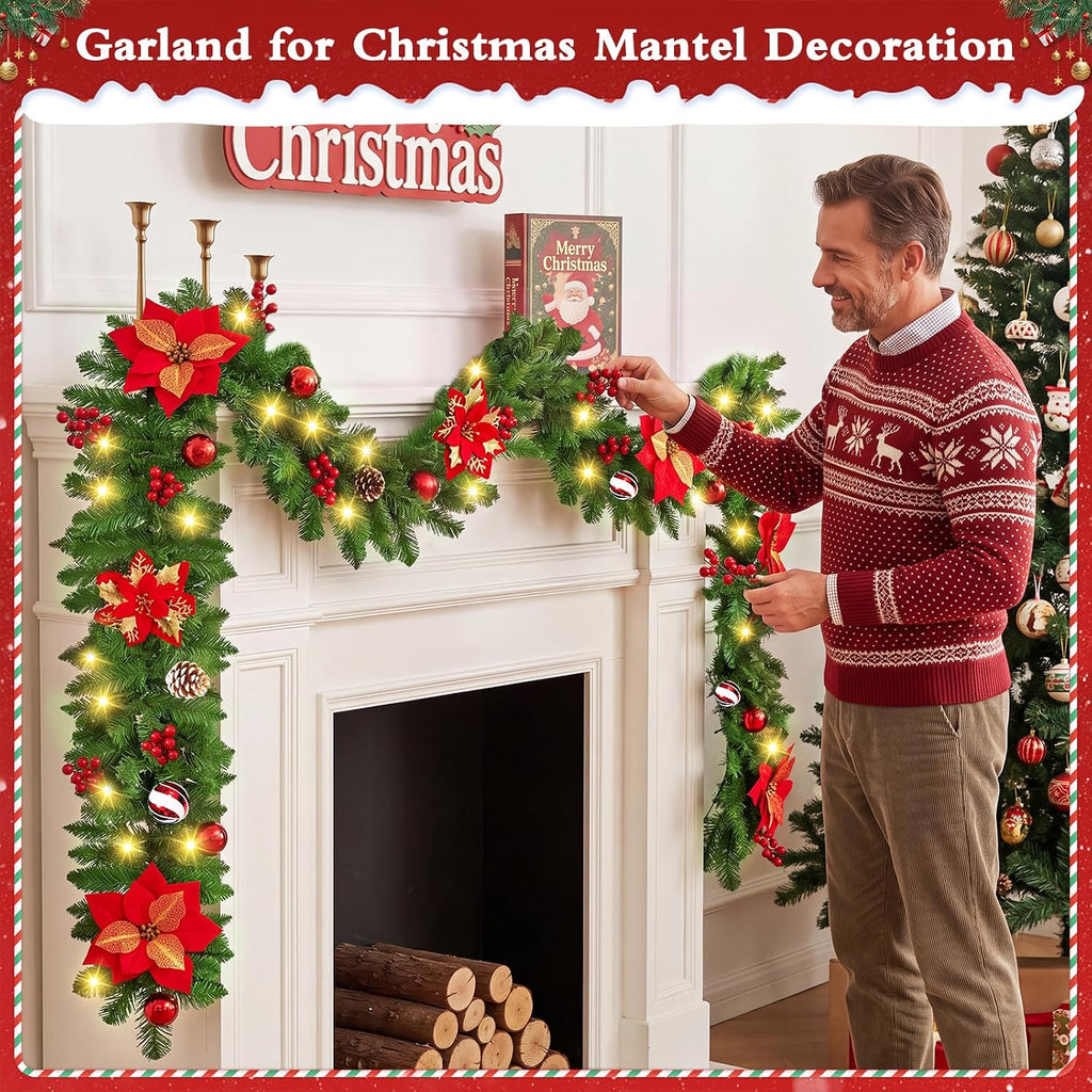 9FT Pre-Lit Christmas Garland with Lights, Battery Operated with Timer