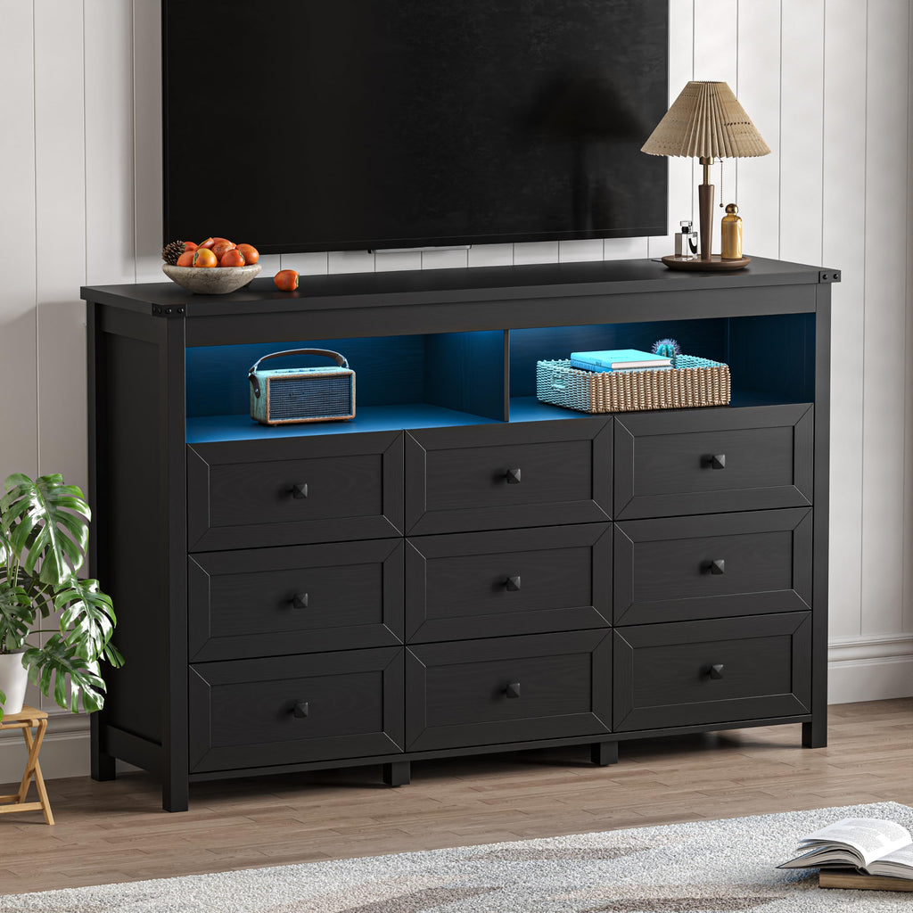 Dresser with 9 Drawers, LED Lights, Power Outlet, Black