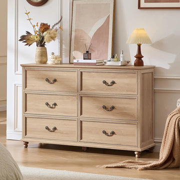Farmhouse 6 Drawers Dresser , Vintage 54" Wide Chest of Drawers w/ 4 Wooden Legs, Rustic Large Closet Storage