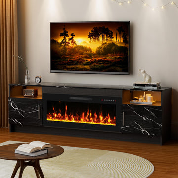 Fireplace TV Stand for 65-80 inch TV, Large Entertainment Center with Fireplace & LED Lights, High Gloss Living Room