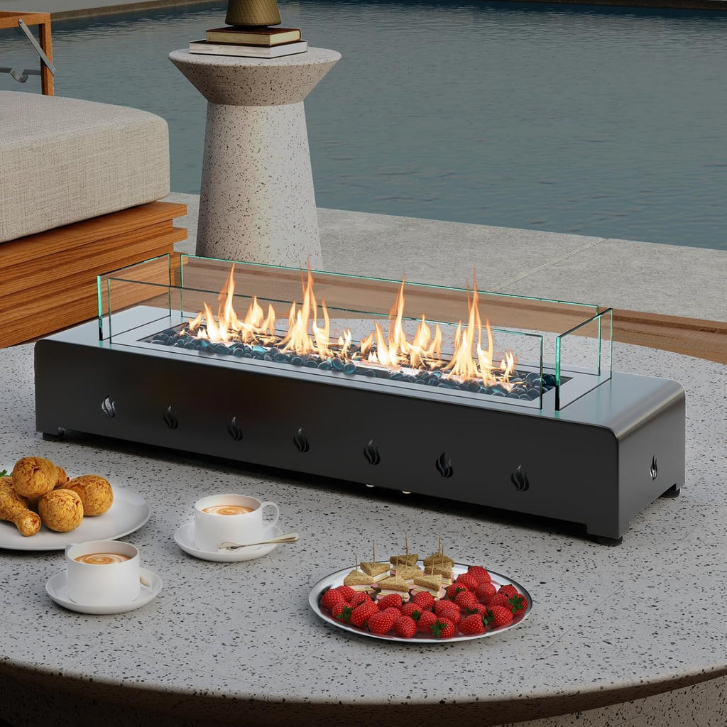 30 Inch Table Top Propane Fire Pit, 40,000 BTU Rectangular Tabletop Firepit with Wind Guard, Glass Rocks & Cover