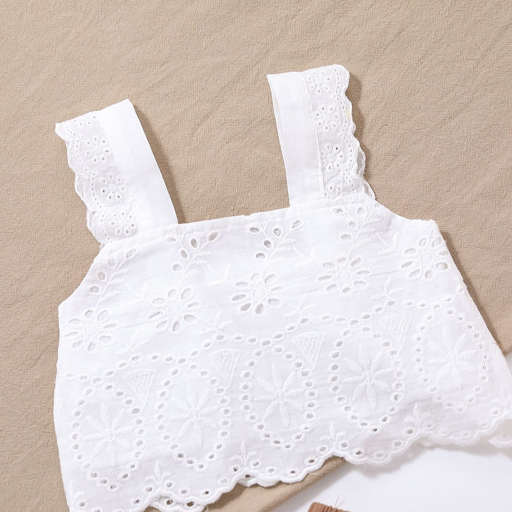 2PCS Baby Girl Sleeveless Strap Lace Crop Vest Tops + Flared Wide-Leg Pants Toddler Summer Outfits Set Clothes