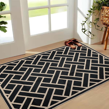 Easy Jute Outdoor Patio Rug Checkered Farmhouse Washable Rugs Indoor Outdoor Area Carpet Non Slip Black Living