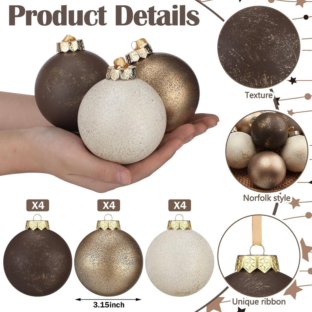 12 Pcs Neutral Christmas Ornaments, 3.15'', Ivory Gold Bronze
