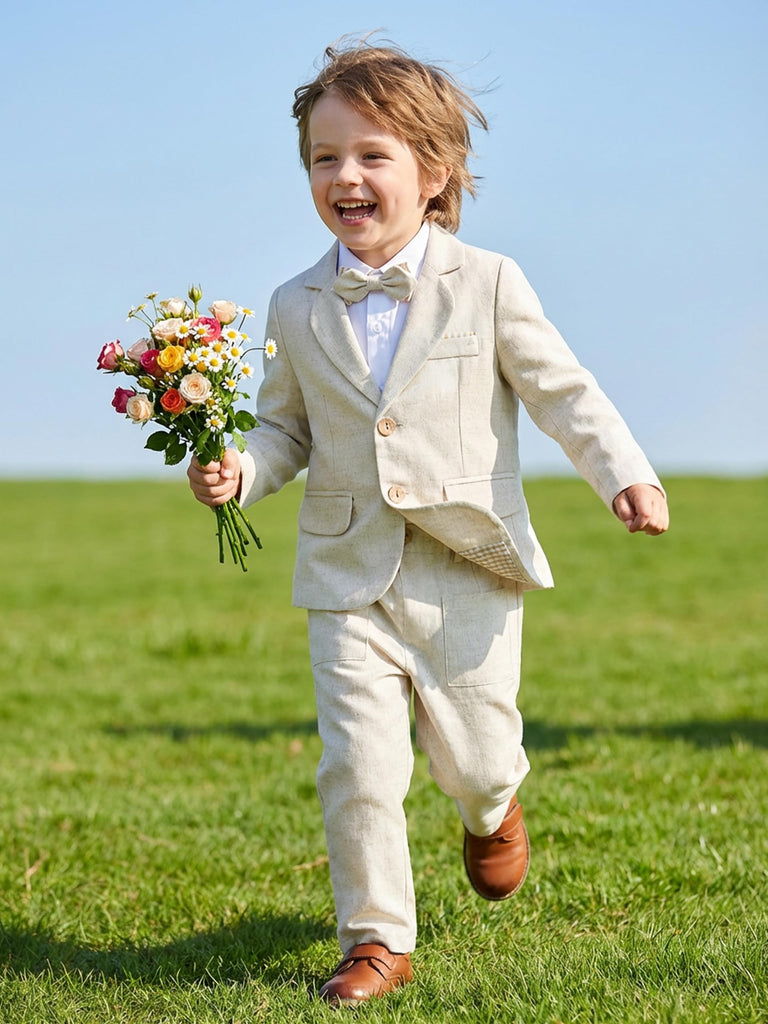 Toddler Suit Baby Boy 3 Piece Linen Tuxedo, BeigeWhite