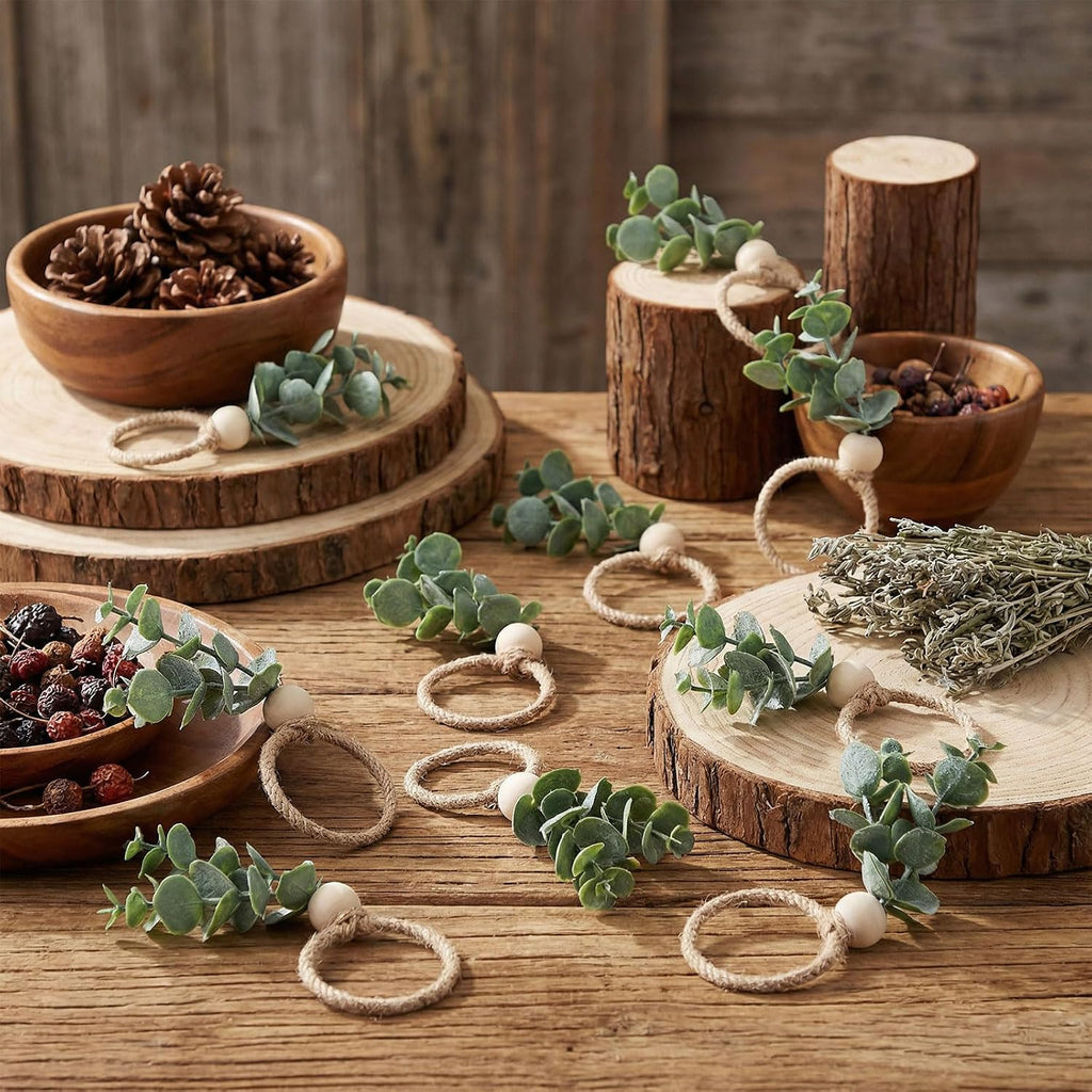 Napkin Rings, Easter Napkin Rings, Boho Eucalyptus Leaf Napkins Ring, Wood Bead Rustic Farmhouse Napkins - Set of 12