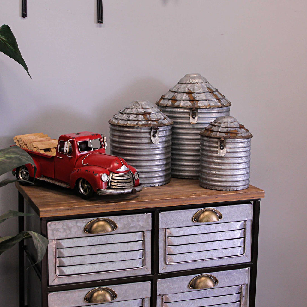 Set of 3 Farm Silo Canisters, 10.75 Inch Tall, Grey Galvanized Zinc Finish