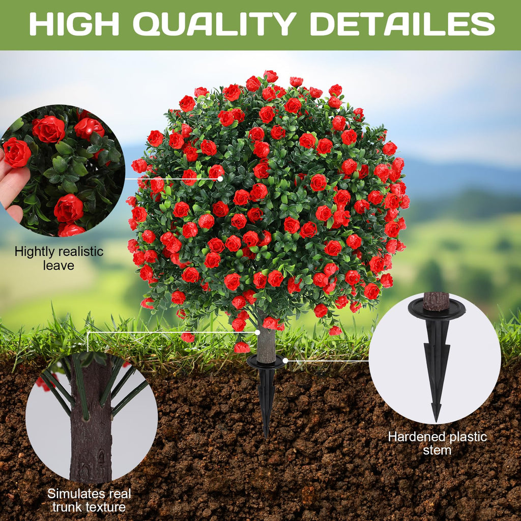 Set of 2 Artificial Red Rose Topiary Ball Tree, 25" with Ground Spike
