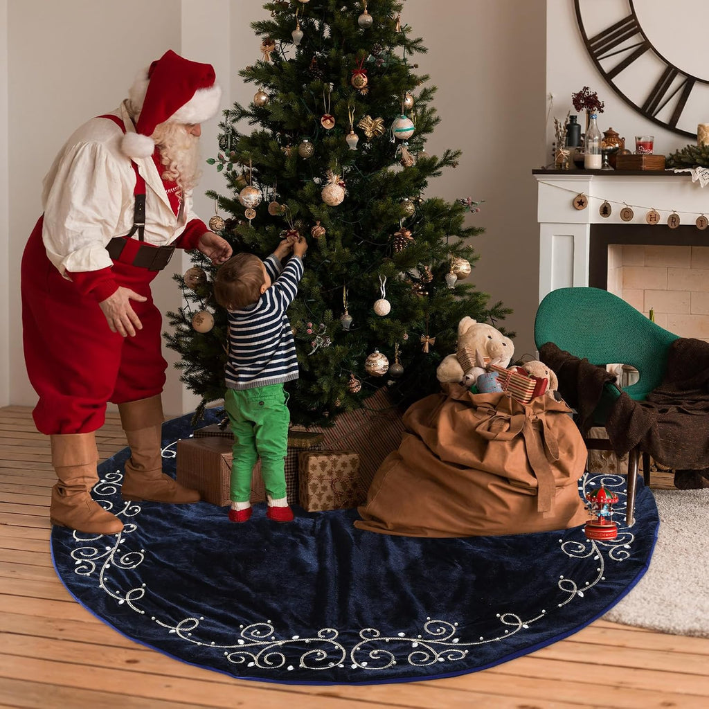 60inch Extra Large Christmas Tree Skirt Navy Blue Luxury Velvet Plush Fur Skirts Baroque Tree Skirts with Gold