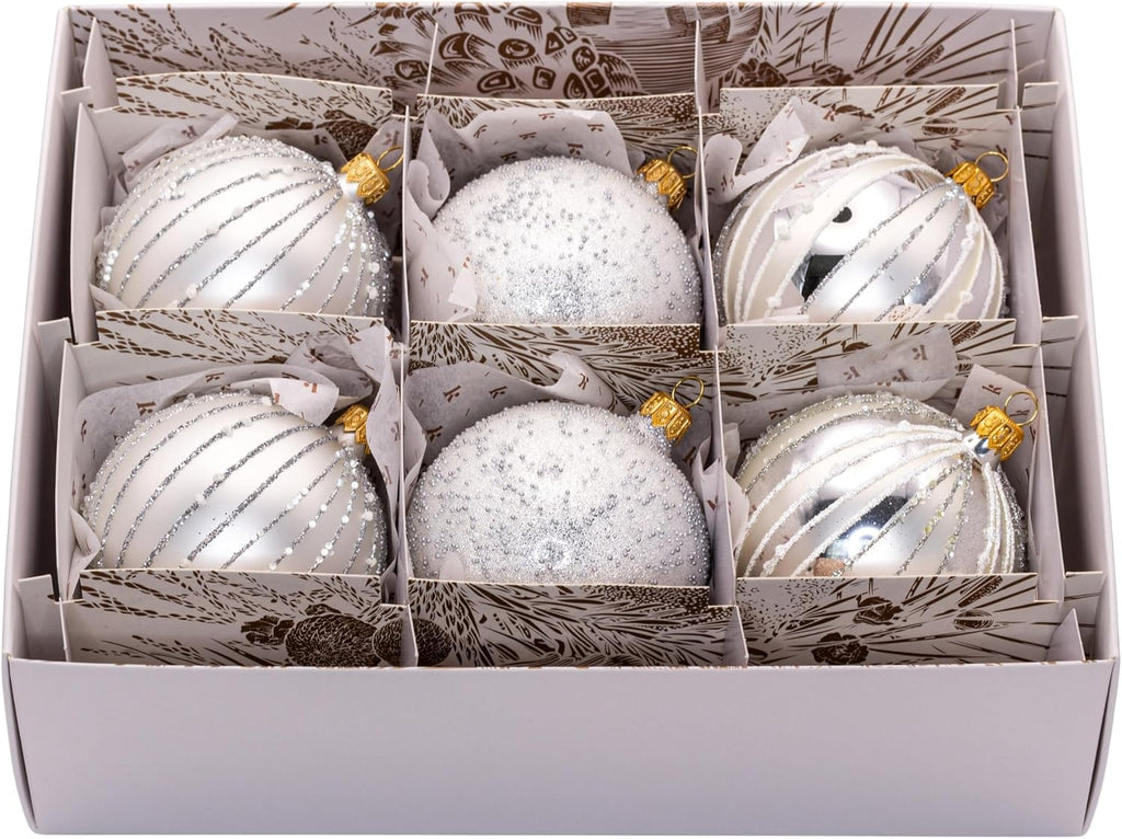 Luxury Handcrafted European Glass Christmas Ball Ornaments - Set of 6 - Silver & White - Frosted Luxe - 8 cm