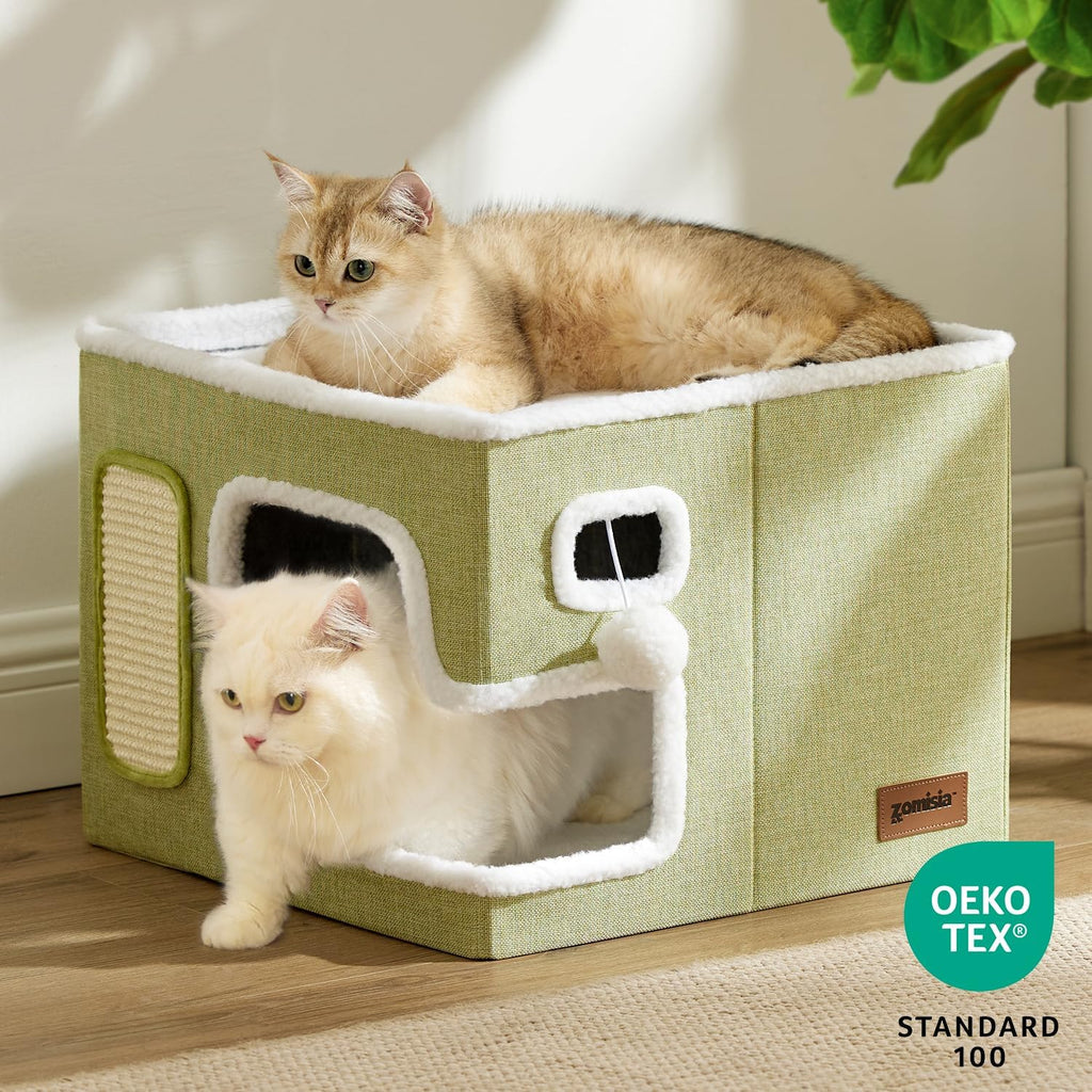 Cat Beds for Indoor Cats - Large Cat House for Pet with Fluffy Ball Hanging and Scratch Pad, Foldable Cat