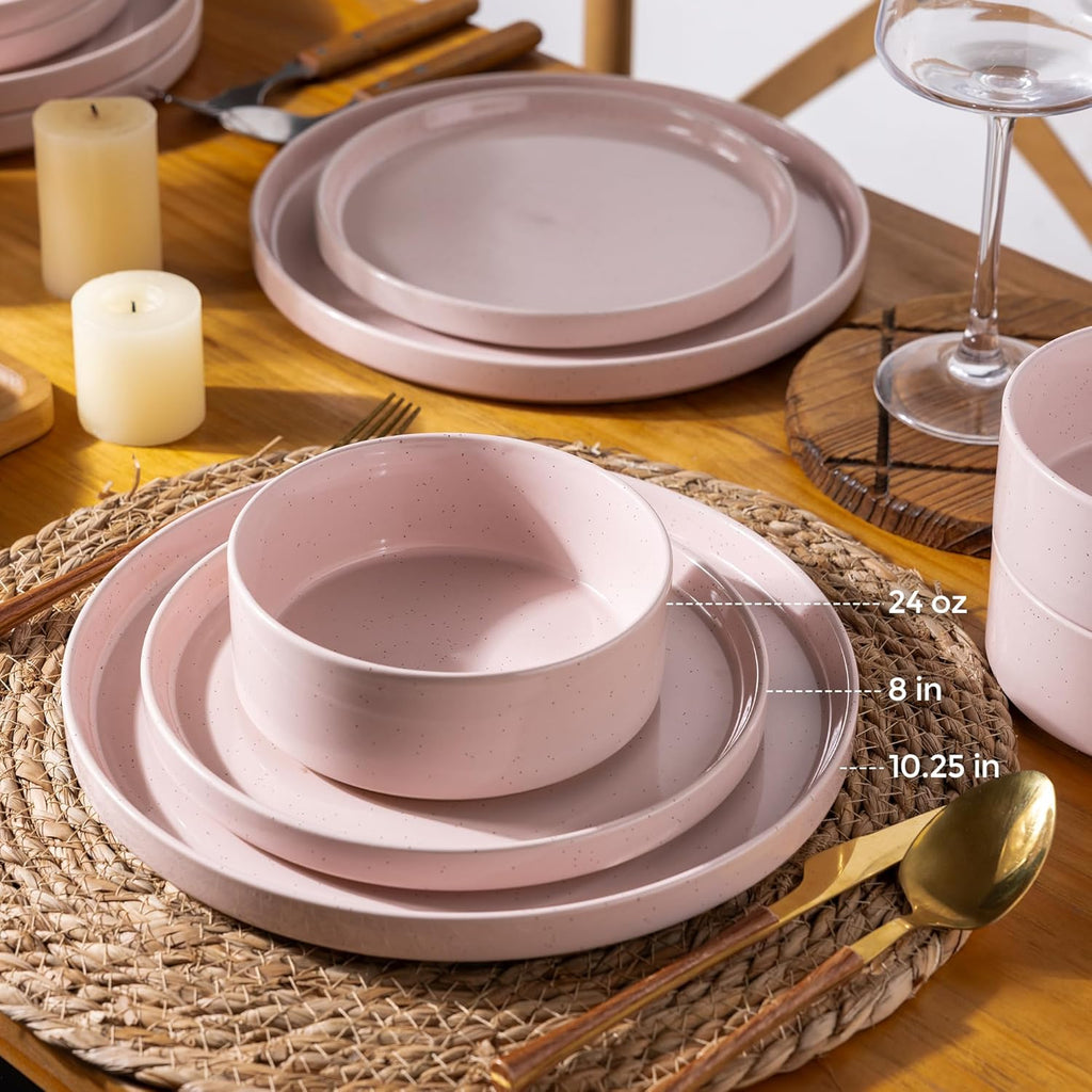 Ceramic Dinnerware Set for 4 | Speckled Stoneware Plates and Bowls with unglazed terracotta | Scratch Resistant