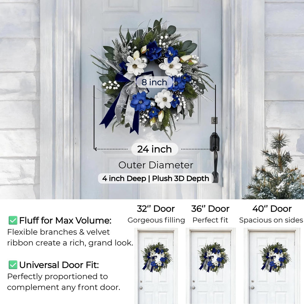 24 Inch Blue Magnolia Winter Door Wreath with Bow & Silver Ornaments