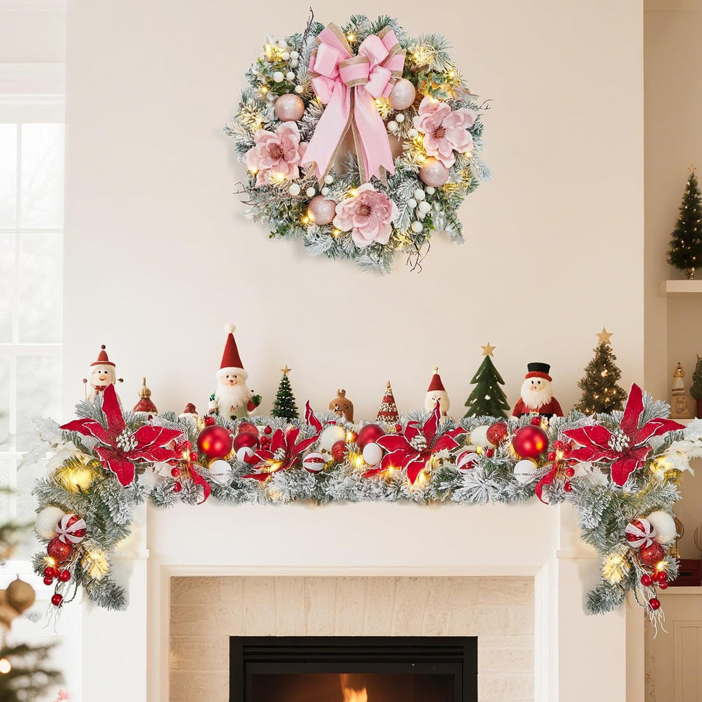 Pre-Lit Christmas Wreath for Front Door, 24 Inch Large Xmas Wreath for Holiday Decor, Battery Operated Xmas Lighted