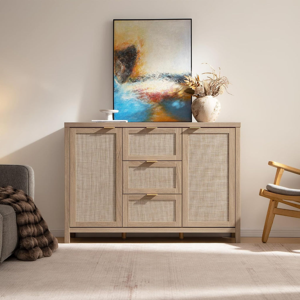 52 Inch Sideboard Buffet Cabinet with Storage, Rattan Credenza | Farmhouse Boho Coffee Bar Cabinet Storage Cabinet
