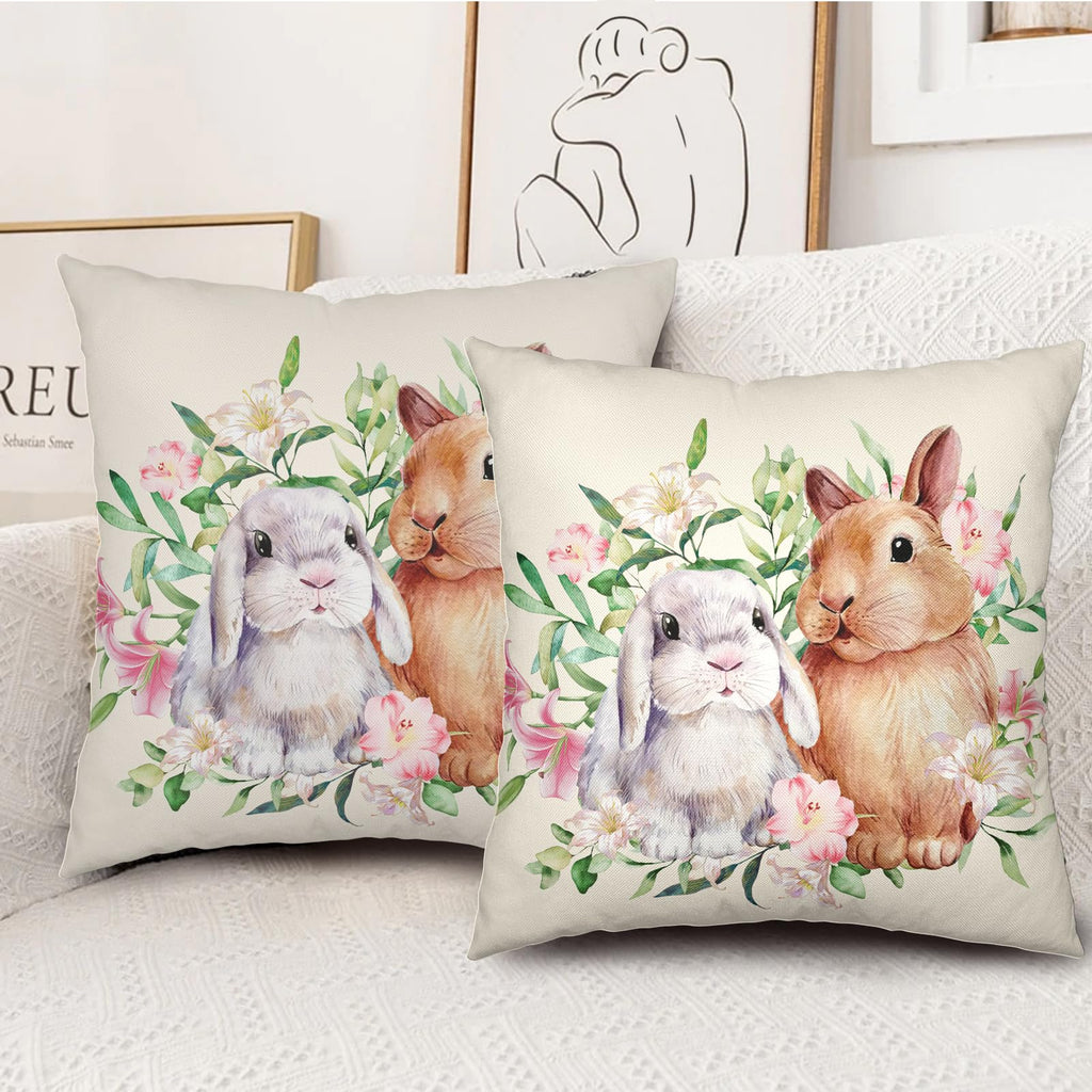 Easter Bunny Flowers Pillow Covers 18x18 Inch Spring Watercolor Rabbit Floral Pillow Cases Set of 2 Farmhouse Outdoor