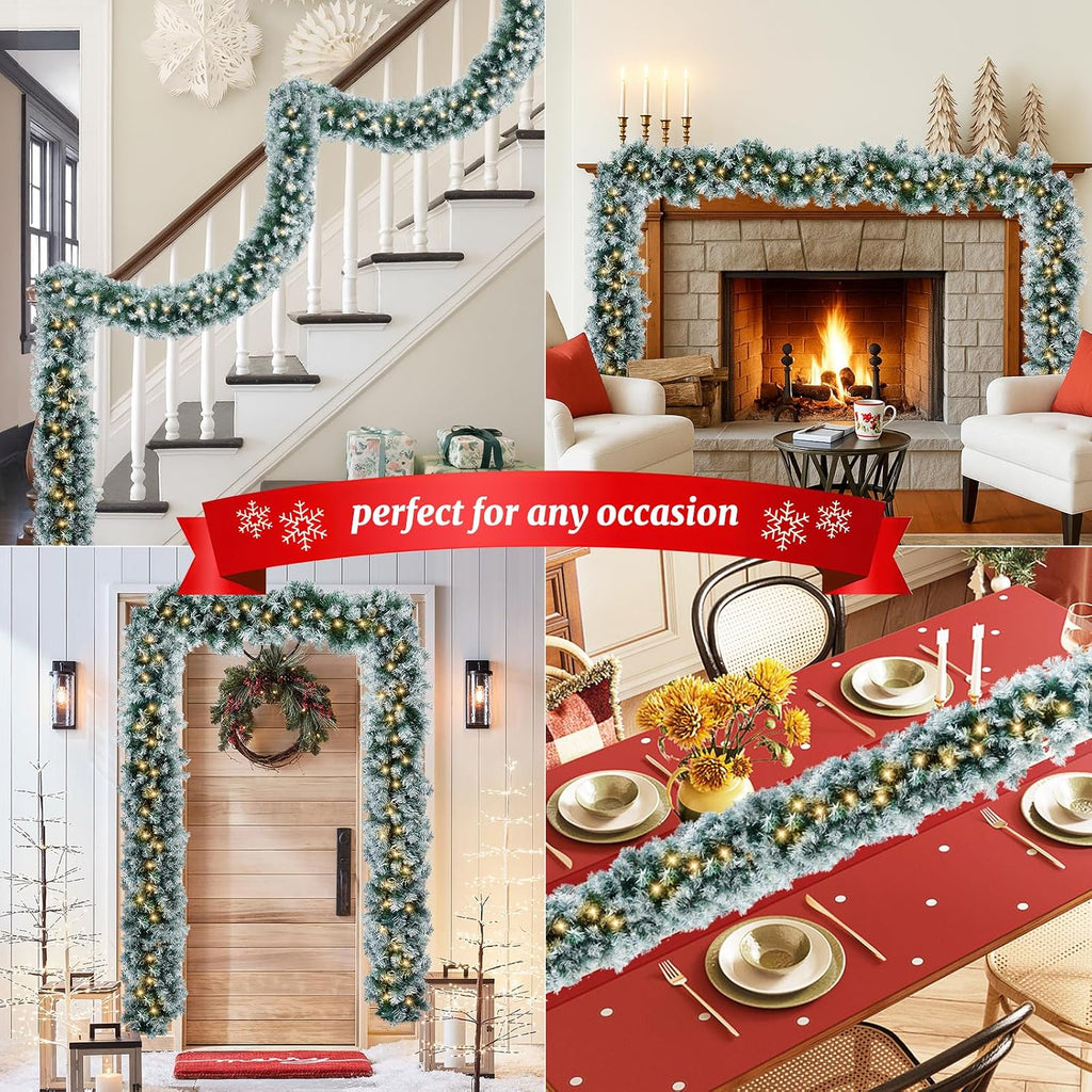 Christmas Garland with Light, 18 FT Chrismas Garland with 100 Lights and 520 Frosted Tips for Mantle, Staircase
