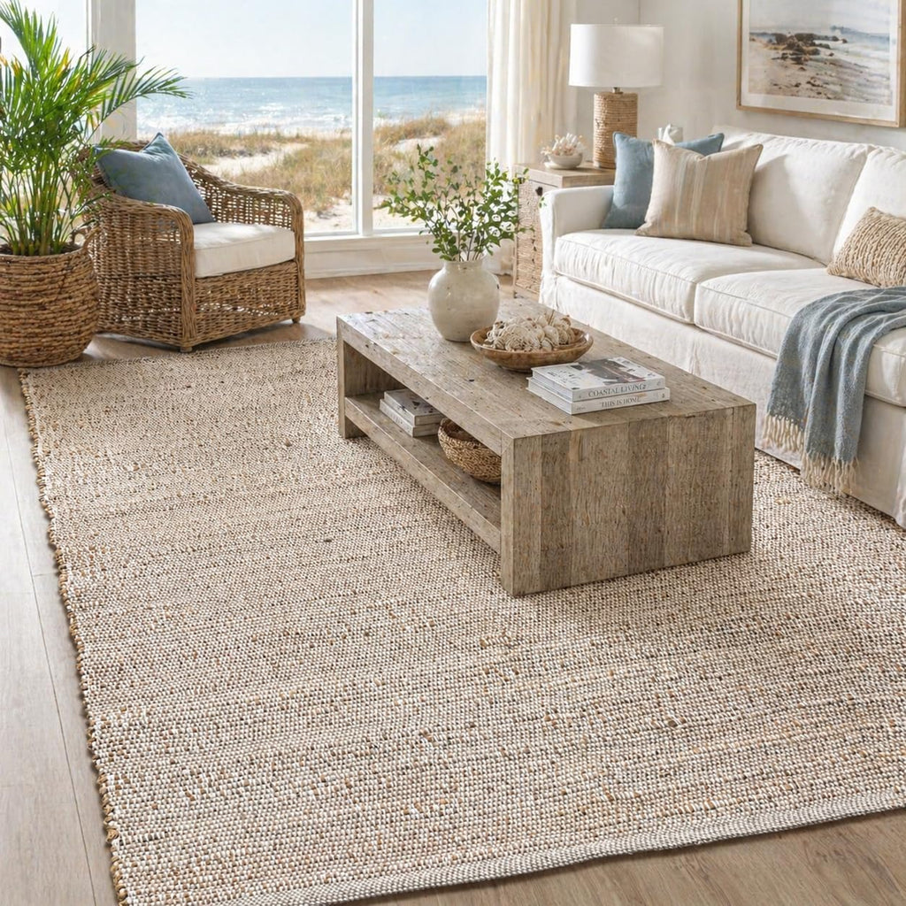 9x12 Jute Cotton Hand Woven Area Rug, Natural Jute/Cream Braided Boho Farmhouse Rug