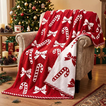 Red Candy Cane Bow Christmas Blanket Knitted Reversible Flannel
