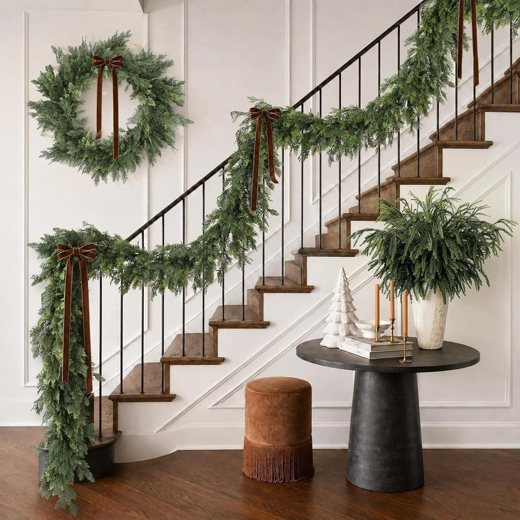 Christmas Garland 9FT Decorations Real Touch Cedar Cypress Pine Greenery Artificial Green Christmas Garland - Set of 9