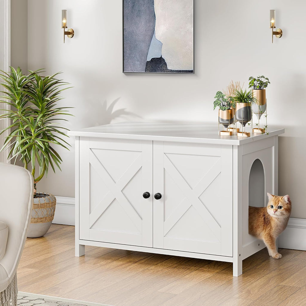 Cat Litter Box Enclosure, Litter Box Furniture Cabinet Hidden with Removable Divider, Wooden Cat House with End