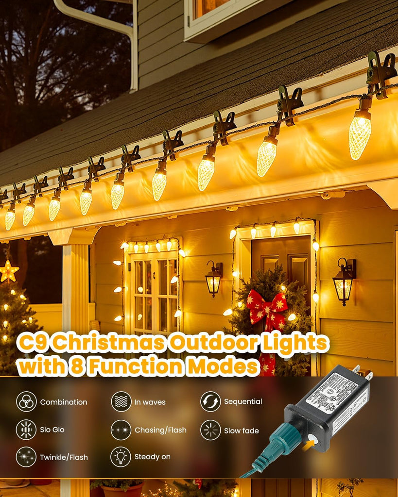 C9-Christmas-Lights-Outdoor,88FT 110LED String Lights with 8 Lighting Mode,Waterproof Connectable UL Certified Warm