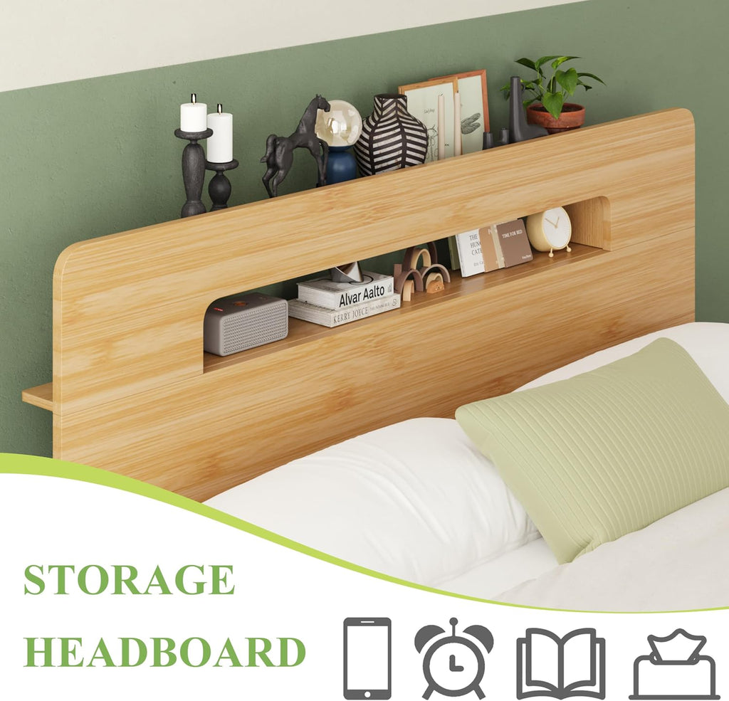 Solid Bamboo Wood Queen Bed Frame with Storage Headboard, 14 inch Platform Bed Frame Queen No Box Spring Needed with
