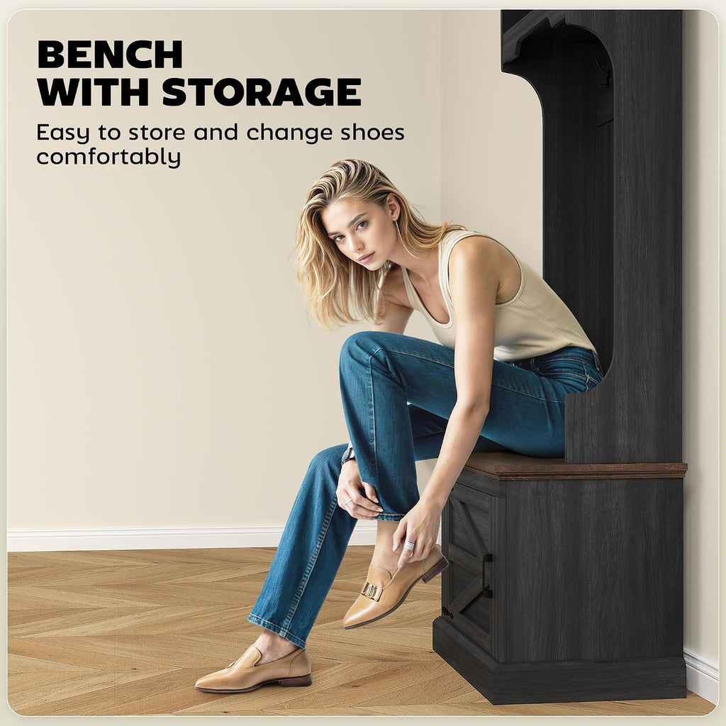 3-in-1 Hall Tree with Shoe Storage, Standing Coat Rack with Shoe Bench, Entryway Furniture with Three Hooks, Black
