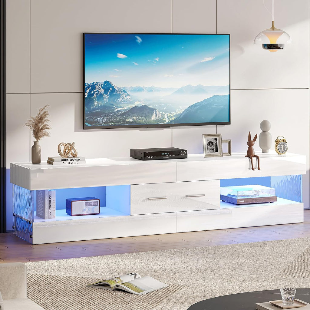 67" Modern TV Stand for TVs up to 75 Inch, High Gloss LED Entertainment Center with Stone-Patterned Doors, TV Console