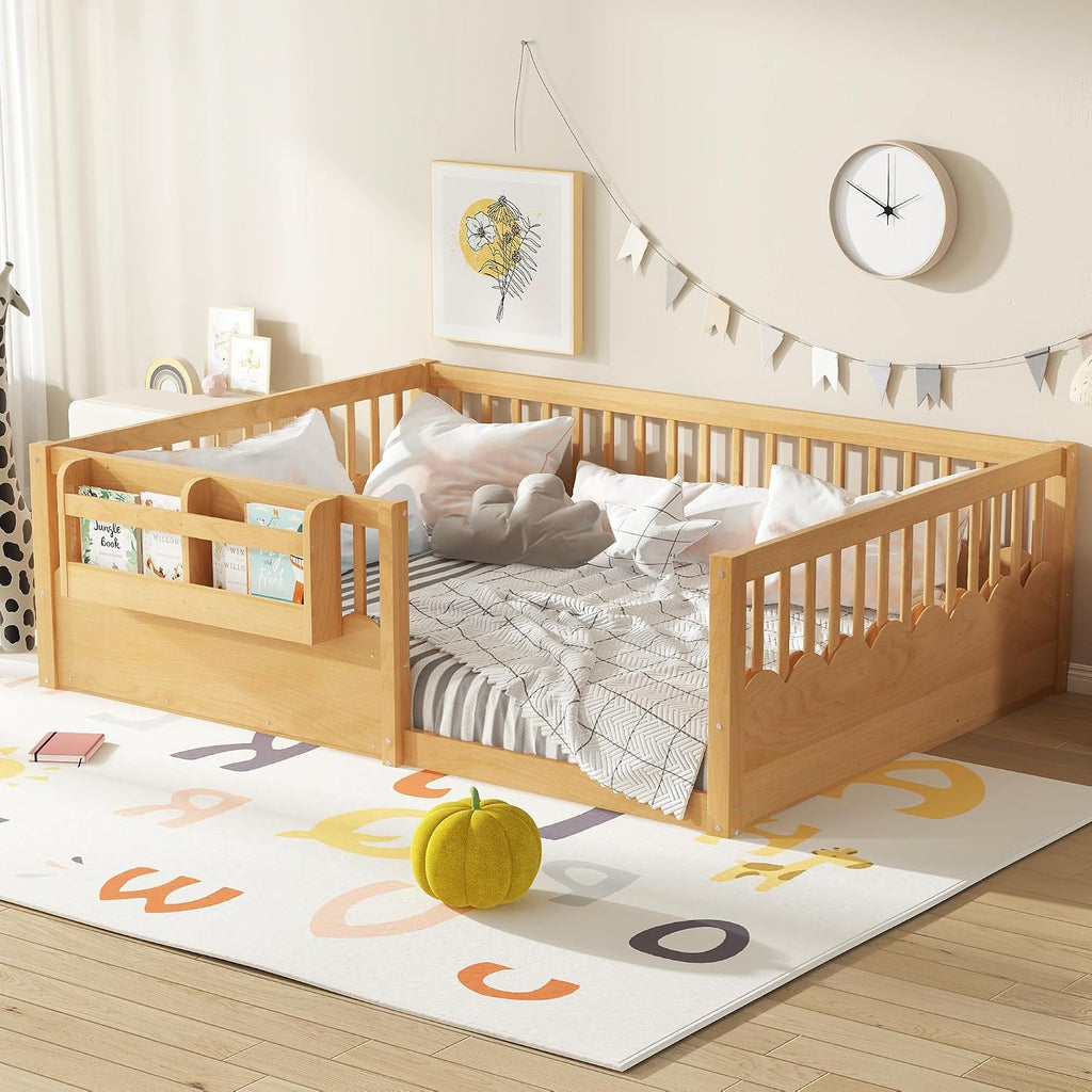 Floor Bed with Fence and Bookshelf, Solid Wood Montessori Floor Bed Frame with Storage Shelves, Low Profile