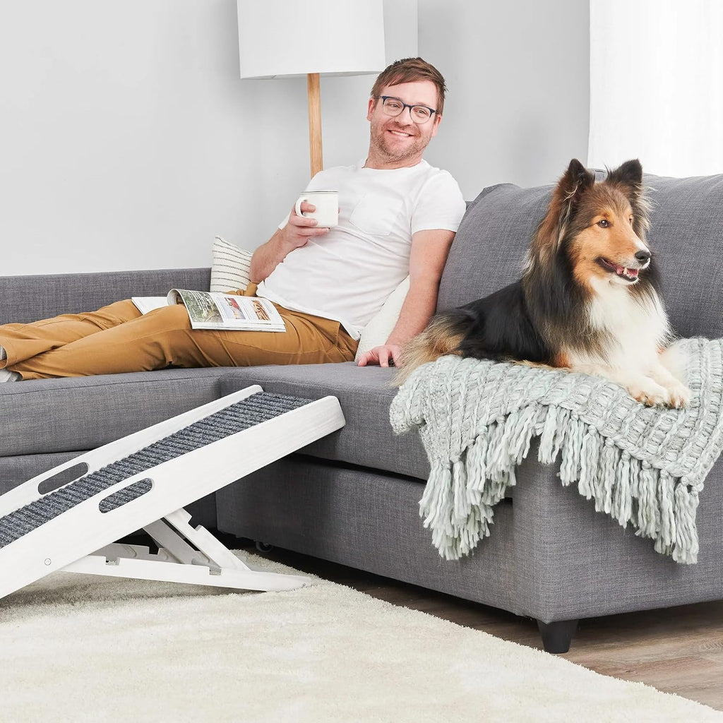39.5" Indoor Pet Ramp, White Collapsible Dog and Cat Ramp with Adjustable Height, Non-Slip Carpet Surface, Rubber