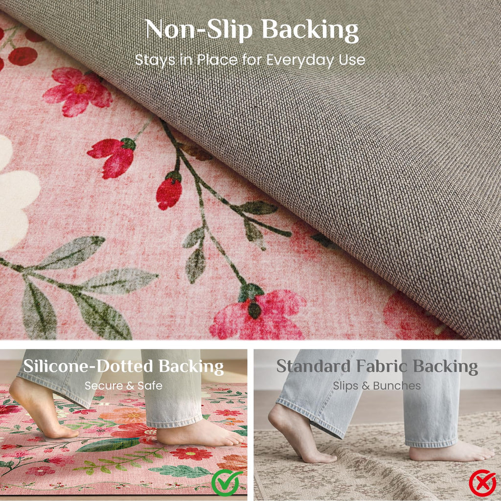 Floral Runner Rug 2x8, Washable Rug, Pink