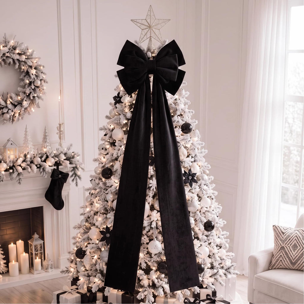 20 x 71 Inch Large Velvet Christmas Tree Topper Bow, Black