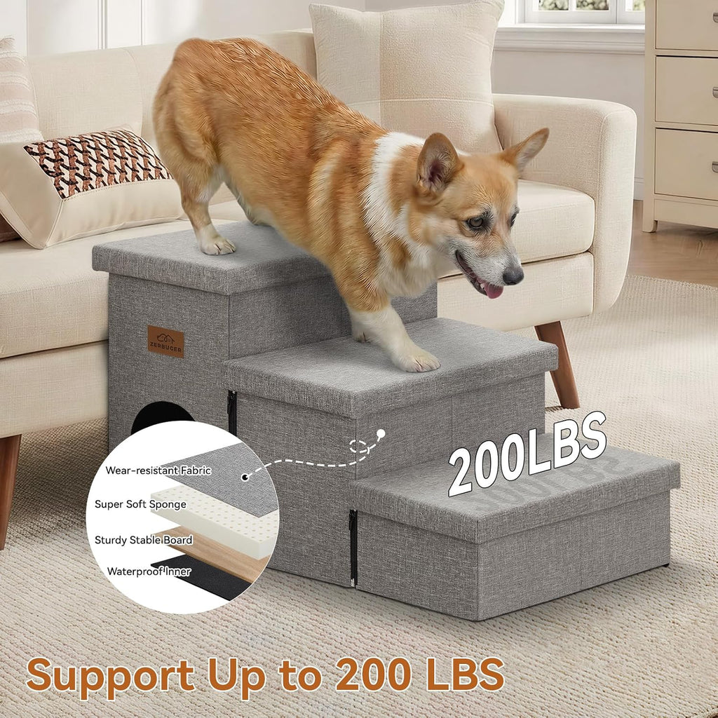 Dog Stairs with Storage, Grey 3 Steps Dog Ramp with Condo for Bed