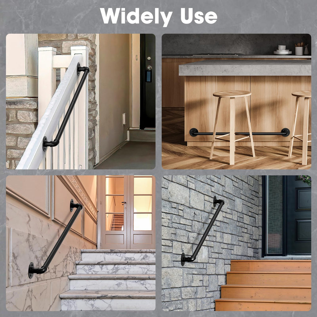 8FT Stair Handrail 440LB Wall-Mount Metal Rail Indoor Outdoor Black