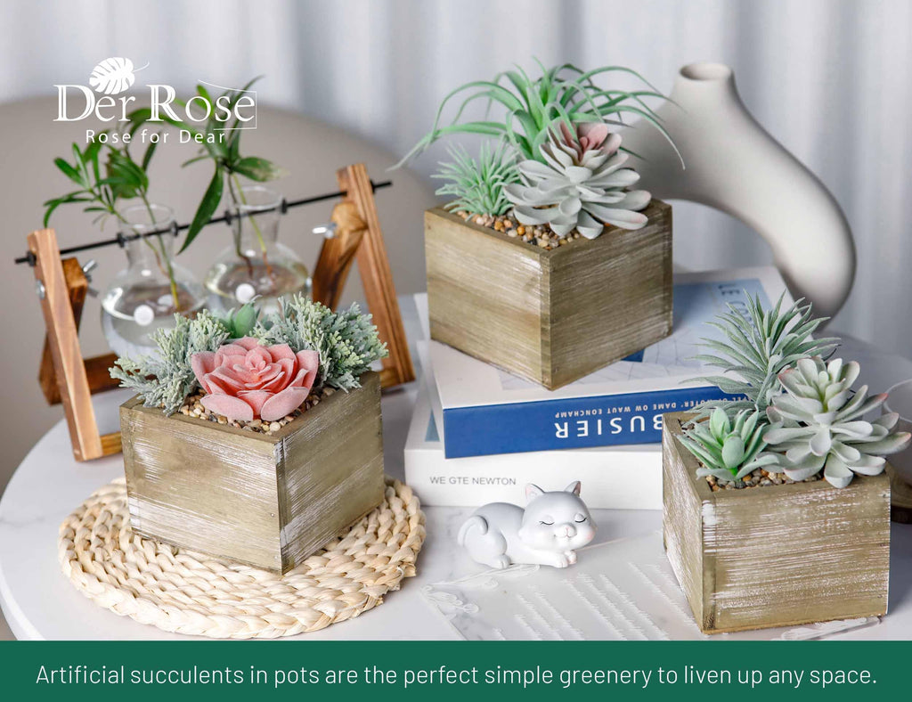 3 Pack Fake Succulents Plants in Wood Pots for Farmhouse Decor