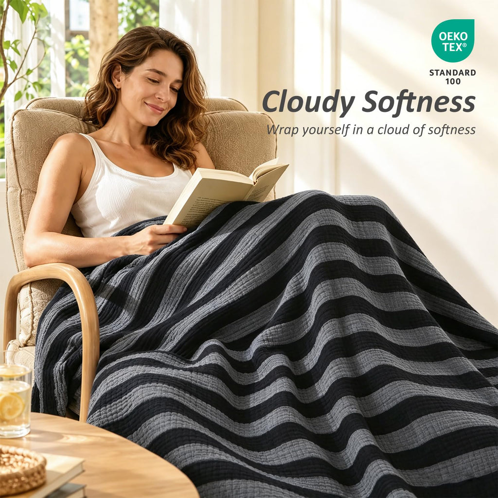 Muslin Cotton Blanket Striped for Adults Bed Black 90" x 90"
